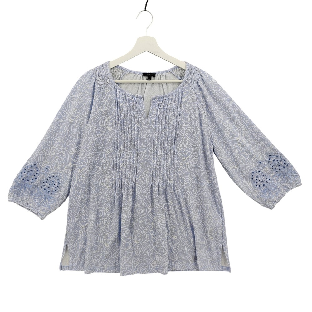 Talbots Womens Boho Coastal Paisley Eyelet Blouse Large Blue Pintuck V-Neck Top
